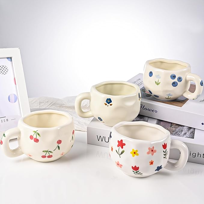 4 Pcs Ceramic Coffee Mugs Set of 4, 10 oz Hand Painted Floral Mug Cute Flower Cup Aesthetic Latte Art Cups for Office and Home Vintage Tea Cup for Cappuccino, Cocoa, Espresso - Microwave Safe