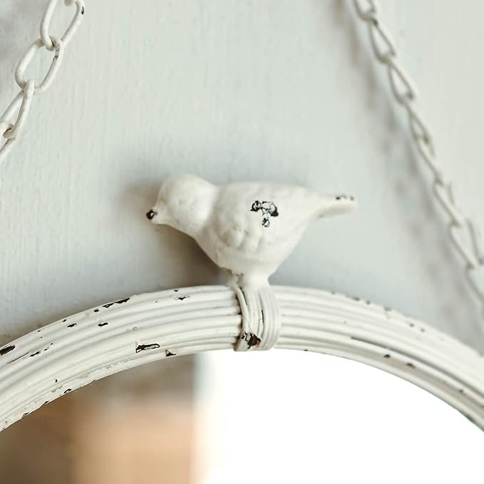 NIKKY HOME 11 Inch Decorative Small Hanging Mirrors Vintage Rustic Round Metal Framed Wall Mounted Mirror Decor with Bird for Bathroom Living Room Office, Rustic White