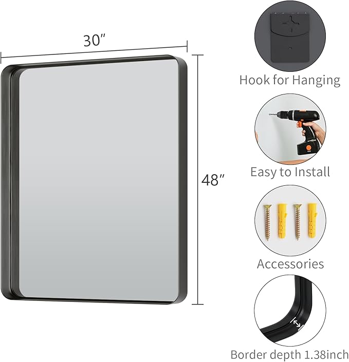Koonmi Black Wall Mirror for Bathroom, 30x48 Inch Matte Deep Framed Rounded Rectangle Vanity Mirror for Farmhouse Living Room, Tempered Glass, Anti-Rust, Vertically or Horizontally