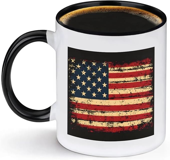 Mugs for Women, Coffee Cups Ceramic Mug, America Flag Vintage Black Tea Cups with Handle for Men, 11.2oz Ceramic Cup for Home Unique Coffee and Tea Mug Aesthetics