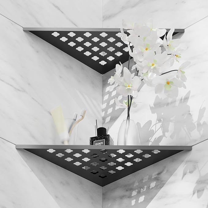 Shower Corner Shelf 2-Pack, 10" Slot Design Bathroom Shelves for Tiled Wall, 304 Stainless Steel Recessed Organizer Corner Shelves for Inside Shower Decor, Black, 2 Pack (Floral)