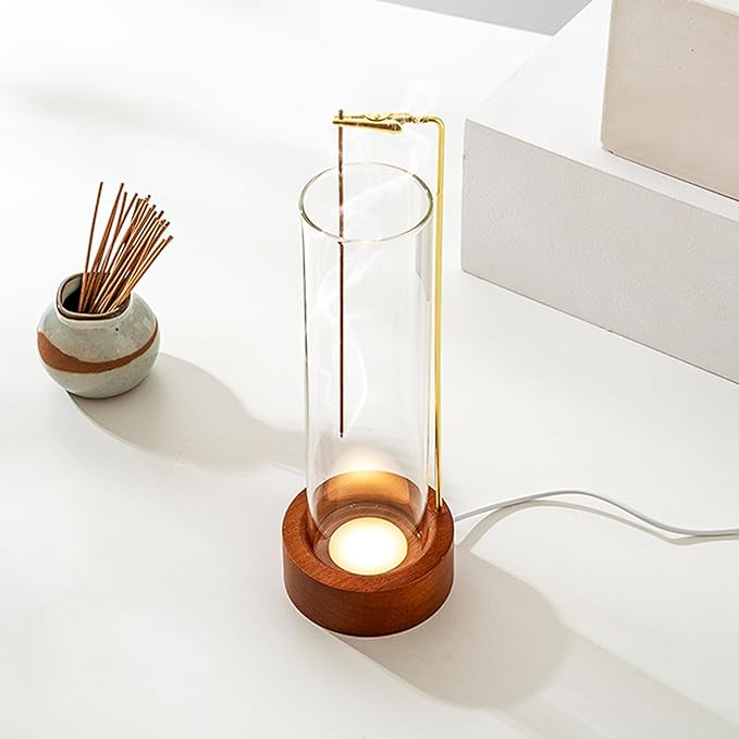 Incense Holder for Sticks, USB Powered Luminous Base, Anti-Ash Flying Incense Burner with 30 Incense Sticks, Detachable Glass Ash Catcher