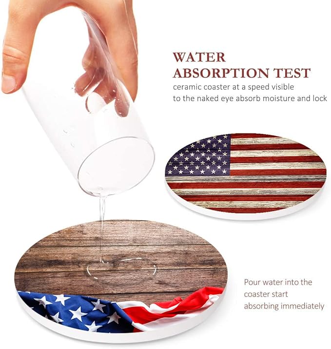Britimes Coaster for Drinks Set of 6, United States Wooden American Flag Absorbent Round Ceramic Stone Mat, with Cork Base and Metal Holder, Gift for Housewarming Room Bar Decor
