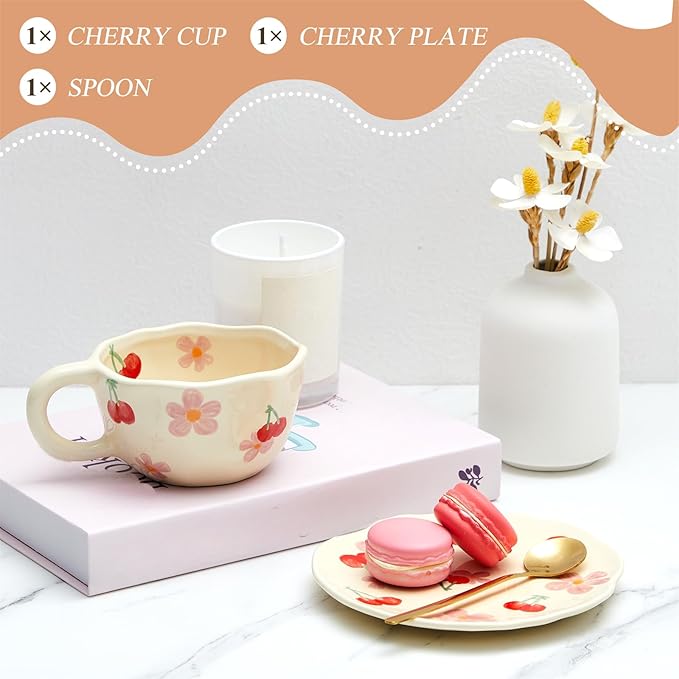 Vesici Ceramic Cherry Floral Tea Cups and Saucers 8.5 oz Ceramic Coffee Mug with Saucer Set Floral Mug with Handles Spoons Creative Flower Cup for Office Home, Dishwasher and Microwave Safe