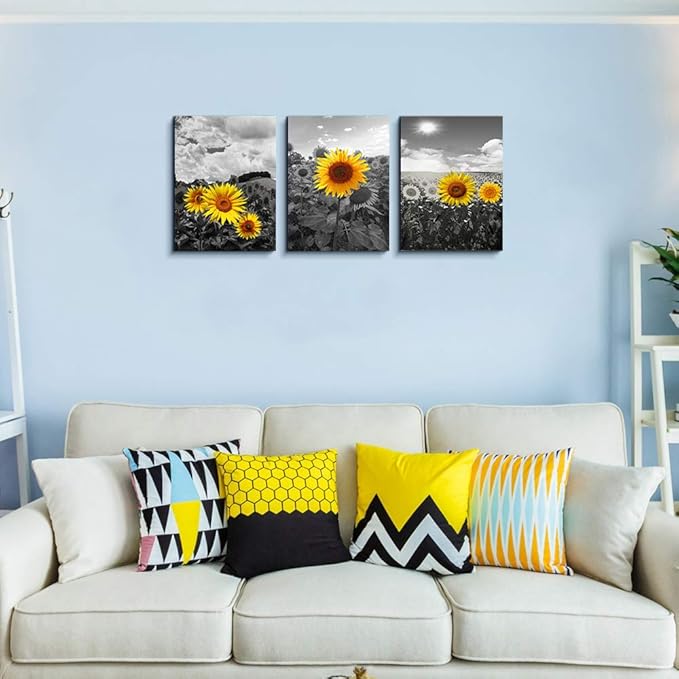 Canvas Wall Art For Living Room Family Wall Decor For Kitchen Black And White Pastoral Scenery Sunflower Flowers Bedroom Wall Painting Home Decoration Bathroom Wall Pictures Artwork 16x12 3 Piece