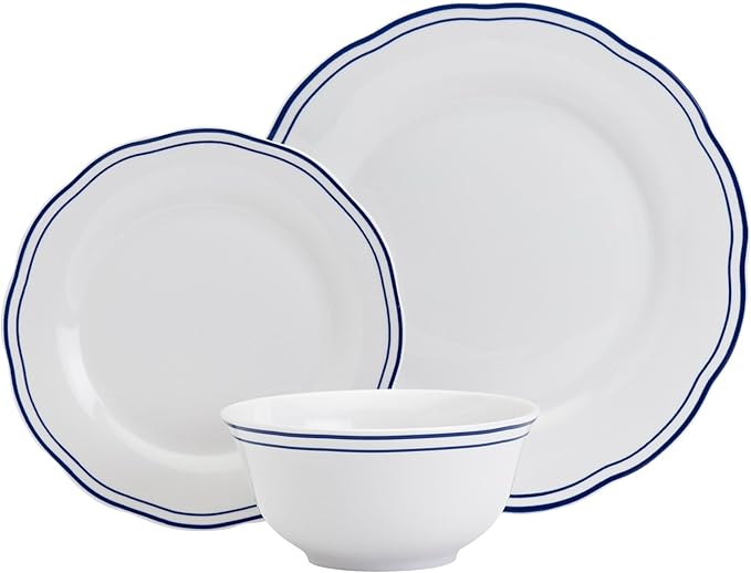 Tabletops Gallery 12-Piece White with Blue Striped Ceramic Dinnerware Set of Kitchen Dishes, Scalloped Dinner Salad Plates Cereal Bowls, Service for 4, Vintage Stripe
