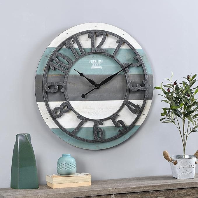 FirsTime & Co. Teal Shabby Planks Wall Clock, Large Vintage Decor for Living Room, Home Office, Round, Wood, Farmhouse, 27 inches