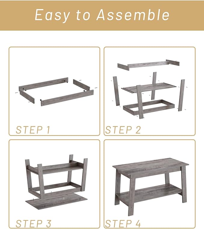 2-Tie Coffee Table, Rustic Wood Living Room Tables with Open Rectangular Storage Compartment, Coffee Tables for Living Room, Outdoors, Home Office, Bedroom, Grey