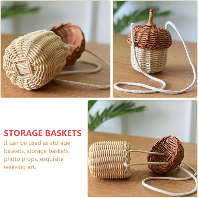 Cute Acorn Basket with Lid: Acorn Shaped Basket Shoulder Bag Hand Woven Rattan Storage Baskets Decorative Picnic Baskets Wicker Crossbody Bag for Girls Women
