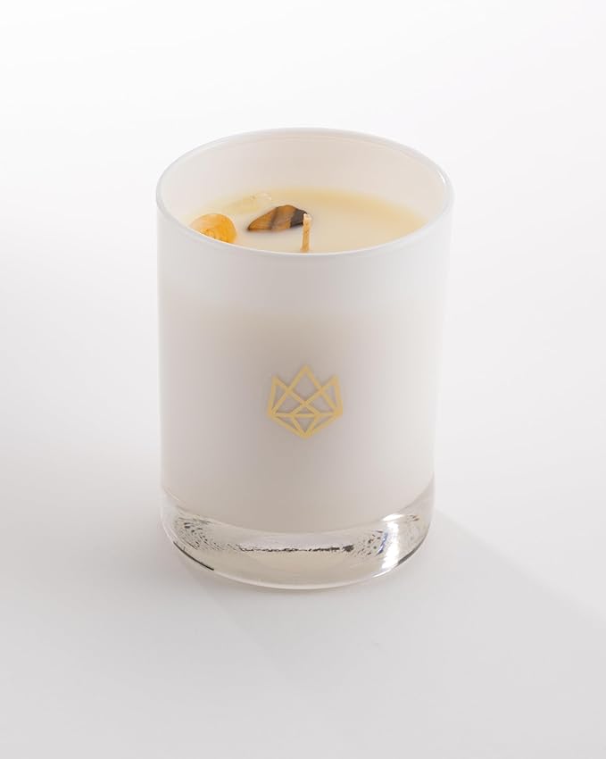 Luxury Glass Jar Candle, 14.5 OZ, Manifest - Citrine, Tiger Eye & Clear Quartz Crystal Infused - Scents of Orange, Neroli, Sandalwood, & Musk - Intention, Belief, & Action, Natural