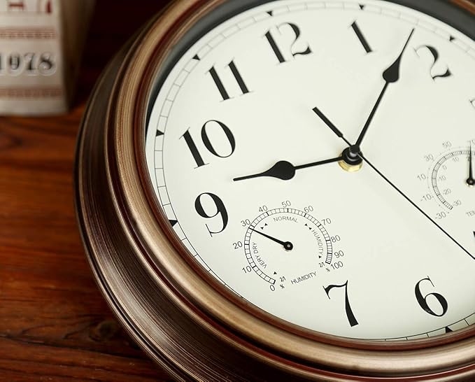 Rsobl 12 Inch Indoor Outdoor Wall Clock Waterproof with Temperature and Humidity Combo,Battery Operated Non Ticking Silent Clock Wall Decorative