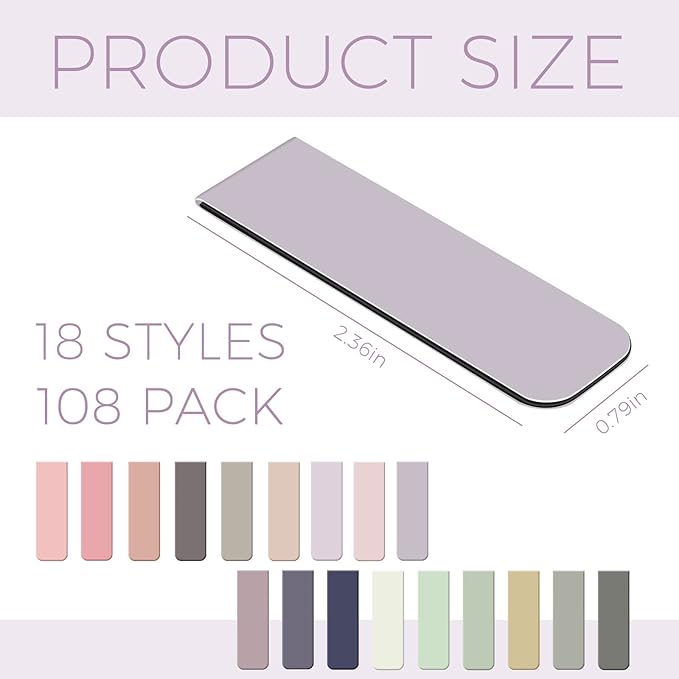 Henoyso 108 Pieces Magnetic Bookmarks Bulk, 18 Colors Book Marker Clips Colorful Page Marker for Women Book Lovers Reader Teacher Students Reading Supplies, Printing on 2 Side, 2.4 x 0.8 Inch