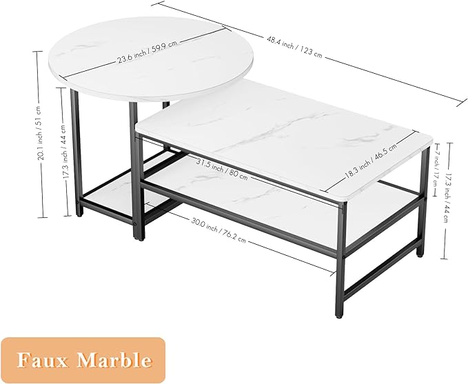 WOHOMO Coffee Table, White Modern Coffee Tables for Living Room, Detachable 2 Small Coffee Tables, Faux White Marble