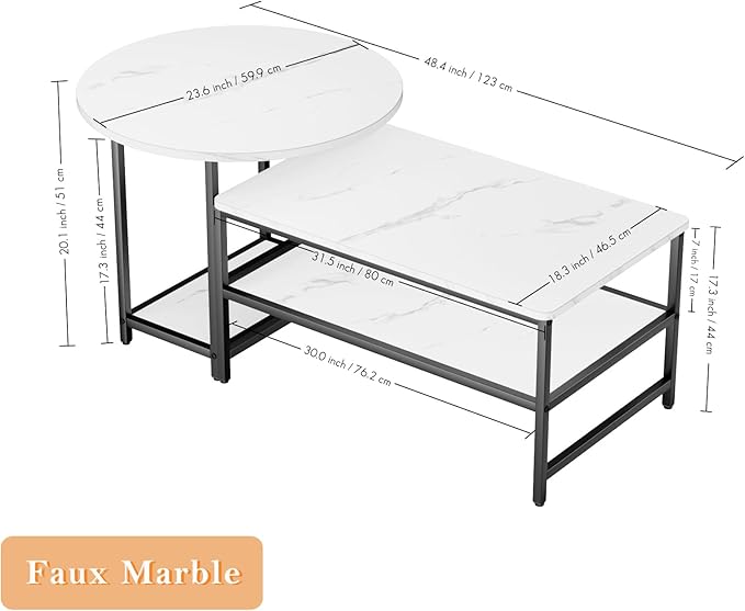 WOHOMO Coffee Table, White Modern Coffee Tables for Living Room, Detachable 2 Small Coffee Tables, Faux White Marble