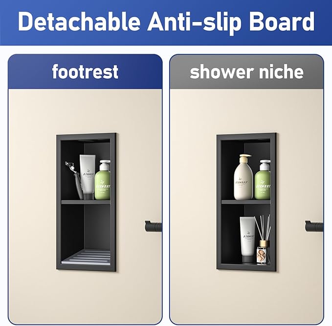 Shower Niche, 304 Stainless Steel Wall Niche Shower Stool for Bathroom, Recessed Shower Footrest w/Over Mount Installation, No Tile Needed (Matte Black, 12.3''x6'')
