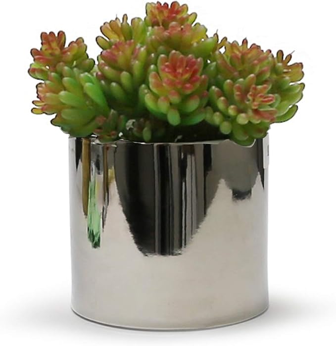 WGVI Silver Ceramic Cylinder Vase Width 6.5" Height 6", Flower Arrangements, Candle Holder, Terrarium Planter Pot, Storage Container Organizer, Pen Brush Holder, Smooth Silver Tabletop Decor, 6 Pc