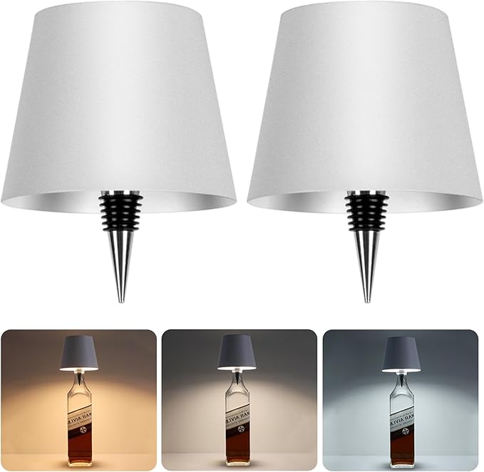 LED Wine Bottle Light 2pcs, Rechargeable Wireless Lamp Shade for Whiskey Liquor, Ambient Light With 3 Color Options for Desk Table Bar Decor, White