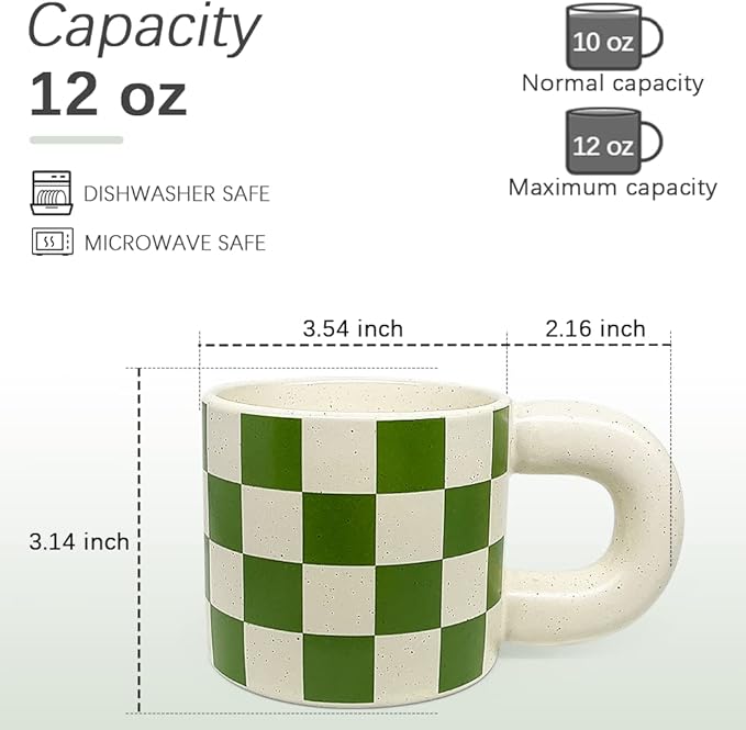 Ceramic Coffee Mug,Tea Cup with Porcelain Fat Round Handle,Dishwasher&Microwave Safe Mug to Decorate,12 oz, Modern,Simplicity Unique Style For Any Kitchen. (Green white grid)
