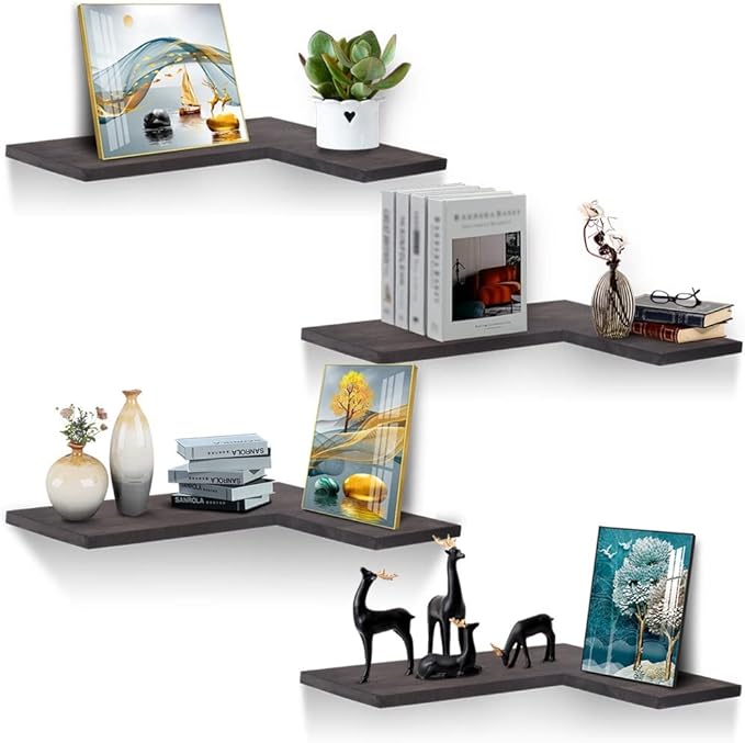 Natural Wood Set of 4 Wall Mounted Corner Shelves Hanging Corner Wall Shelves L-shaped Floating Shelf for Bathroom Bedroom Kitchen Office Living Room Wooden Corner Wall Shelves Carbonized Black