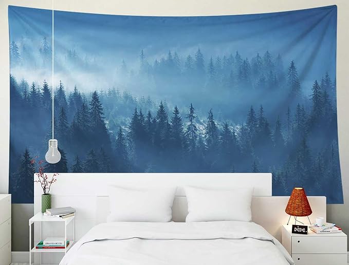 EMMTEEY Forest Wall Hanging - Mystical Mountain Pine Forest in Fog Scenic Tapestry, 60x40, Perfect for Families