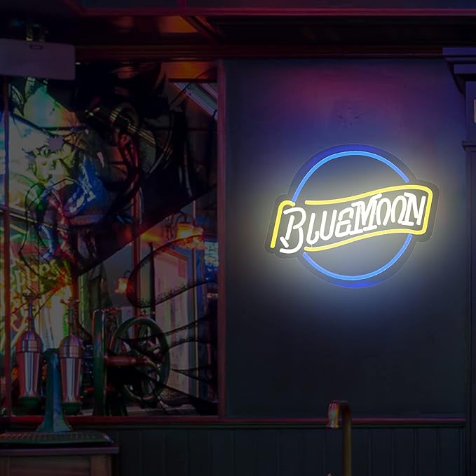 Blue Moons Neon Signs Wall Decor, Dimmable Neon Sign Colorful LED Lights for Beer Bar, Neon Light Up Signs Accessories Decorations for Man Cave Pub Game Room Aesthetic