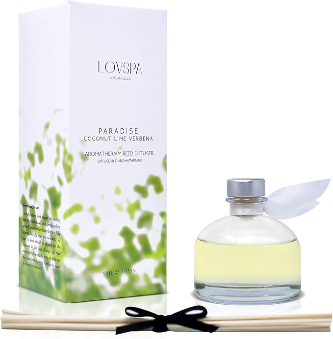 LOVSPA Coconut Lime Verbena Scented Reed Sticks Diffuser Set - Paradise by LOVSPA Fragrances - Tropical Blend of Lemon Verbena, Fresh Limes & Coconut - Made in The USA