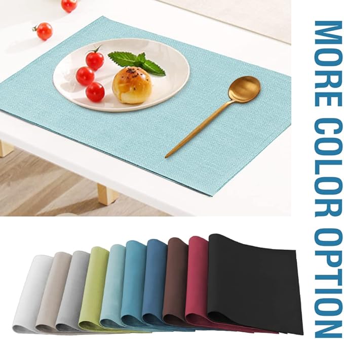 H.VERSAILTEX Linen Placemats Set of 6 Premium Solid Table Placemats for Dining Table Spill-Proof Waterproof Table Mats Heat-Resistant Kitchen Table Mats Washable, 12x18 inches, Aqua