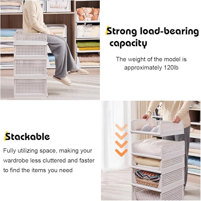 XL Stackable Plastic Storage Basket, 4 Packs closet storage bins for clothes sweater organizer for closet Folding closet organizers and storage Closet Shelf Storage Container for Cupboard Bedroom 4XL