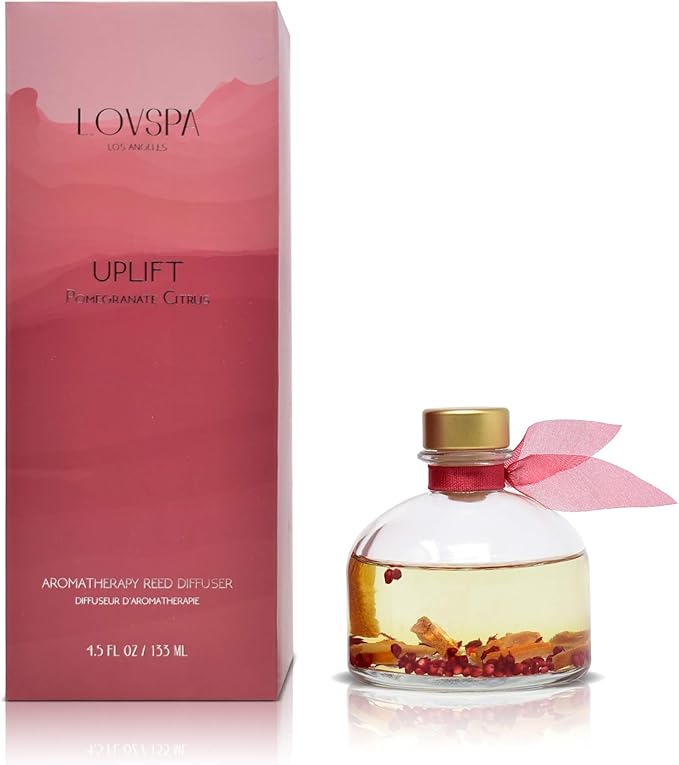 LOVSPA Uplift Pomegranate & Citrus Essential Oil Aromatherapy Reed Diffuser Set - Scented Reed Sticks - Juicy Orange, Bergamot, Black Currant & Sandalwood w/Real Orange Slices