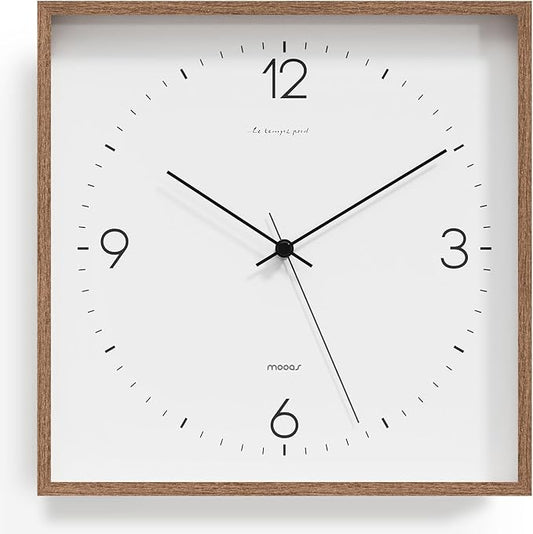 mooas Wooden Frame Flatwood Wall Clock,12" Non-Ticking Sweep Movement Decorative Battery Operated Wall Clock for Home Living Room Kitchen Bedroom Office School (Dark Brown)