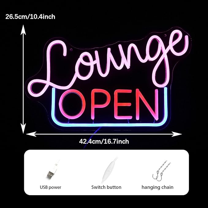 Dimmable Lounge Open Neon Sign Led Lounge Neon Lights for Wall Decor Cool Letter LED Sign Business Light Up Signs for Bar Store Hotel Party Decoration(16.7’’X10.4’’)