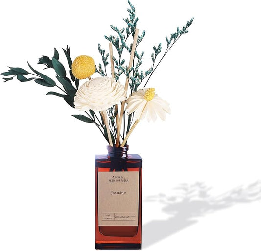 Reed Diffuser Set - Jasmine & Orange Blossom Essential Oil, 5.07oz/150ml Floral Aroma Oils Scents with Dry Flower Decoration, Home Fragrance for Large Room Bathroom Office Shelf Decor