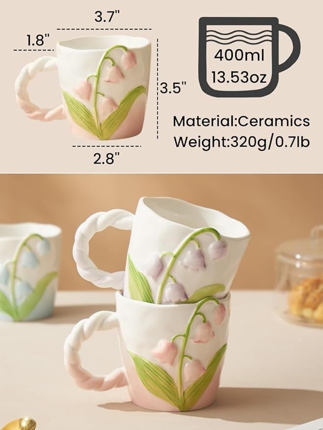 Flower Mugs with Handle, Cute Ceramic Coffee Teacups for Women, Floral Girly Mugs for Christmas, 13oz (Pink)