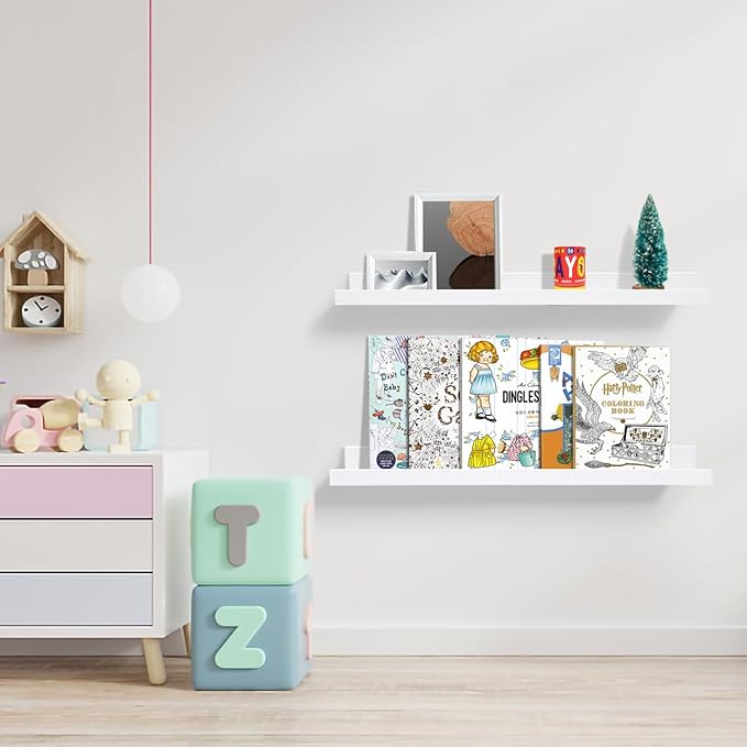 White Floating Shelves for Wall, 24 Inch Wall Mounted Shelf for Bedroom, Picture Ledge Shelf Pine Wood, Photo Shelves Set of 2, Nursery Book Shelves for Laundry Room Living Room kIitchen Bathroom