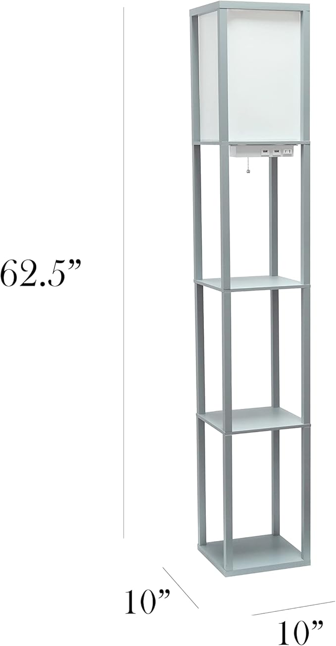 Simple Designs LF1037-GRY-LB Three Shelf Etagere Organizer Storage Floor Lamp with 2 Dual USB Ports and Charging Outlet, Gray, with Feit LED Bulb Included