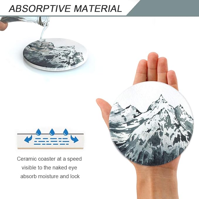 Lahome Mountain Range Coasters - Round Drinks Absorbent Stone Coaster Set with Ceramic Stone and Cork Base for Kinds of Mugs and Cups (Mountain Range, 4)
