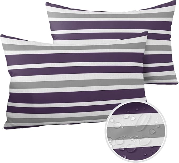 Outdoor Waterproof Lumbar Throw Pillow Covers Set of 2 Grey Purple Stripes Decorative Outdoor Pillows Cushion Case 20x12 Inch Classic Striped Patio Pillows for Couch Sofa Bed Garden Home Decor