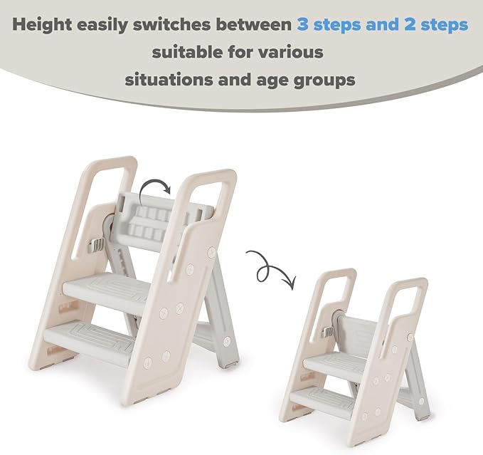 Folding Toddler Step Stool for Bathroom Sink,Adjustable 3 to 2 Step Stools for Toilet Potty Training,Sturdy Kids Step Stool for Kitchen Counter with Handle,Dark Grey