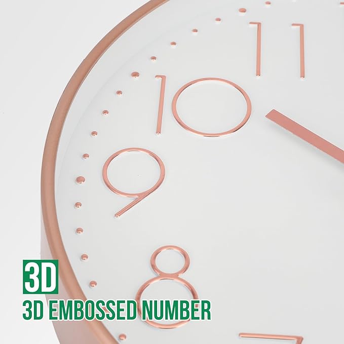 Wall Clock 10 Inch Non-Ticking Silent Modern Simple Style Round Decor Clock Rose Gold Stereoscopic Dial Quartz Wall Clocks for Home/Office/School/Living Room/Bedroom/Kitchen