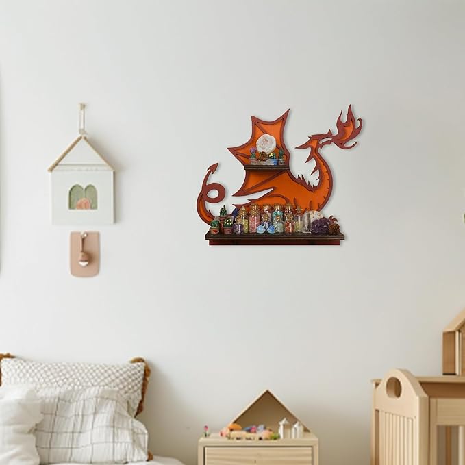 Wooden Fire-Spitting Dragon Decor Crystal Display Shelf for Wall, Rock Display Case Knick Knack Organizer Trinket Holder, Wall Hanging Shelves for Essential Oil & Nail Polish