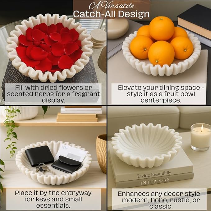 SWADESHI BLESSINGS HandCrafted Marble Ruffle Bowl/Antique Scallop Bowl/Fruit Bowl/Vintage Ring Dish/Decorative Flower Dish/HouseWarming Gift/Wedding Gifts/Urli (10 Inches)