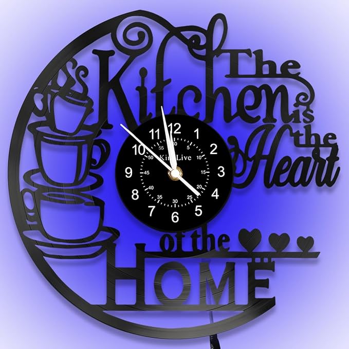 KingLive Kitchen Wall Clock with 7 Colors LED Light, Vintage Style Coffee Theme, Kitchen Coffee Bar Vinyl Record Decor
