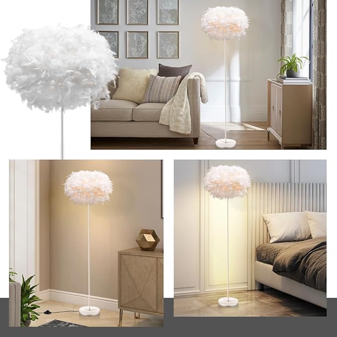 Feather Floor Lamps for Living Room, White Standing Lamp with Foot Switch, Modern Tall Lamp for Bedroom, Dining Room, Office, Corner
