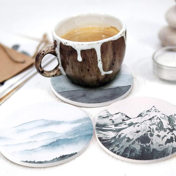 Lahome Mountain Range Coasters - Round Drinks Absorbent Stone Coaster Set with Ceramic Stone and Cork Base for Kinds of Mugs and Cups (Mountain Range, 4)