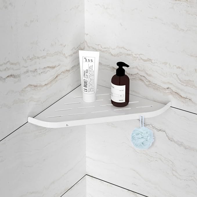 Bathroom Corner Shelf, 9" Shower Shelf Caddy, SUS304 Stainless Steel Shelf Wall Mount Corner Shelf with 2 Hooks, Matte White