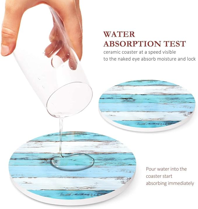 Britimes Coaster for Drinks Set of 6, Wooden Board Brown Blue Table Absorbent Round Ceramic Stone Mat, with Cork Base and Metal Holder, Gift for Housewarming Room Bar Decor