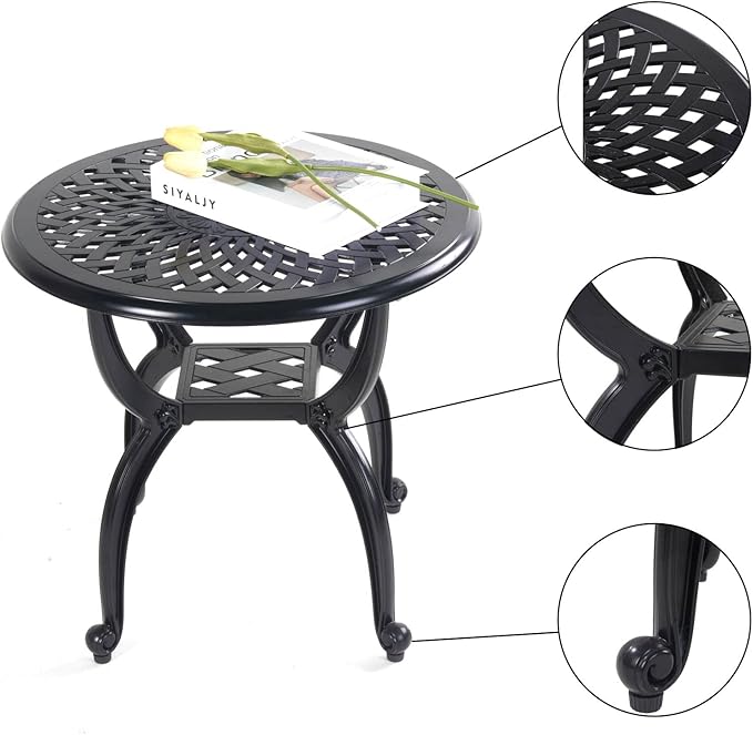 Mandolin Outdoor Patio,Rust -Resistant Cast Aluminum Side Table,Weather Resistant End Table,Coffee Table, Perfect for Patio, Backyard Or Garden.W 20.8" X H18.5(Aluminum Round, Black)