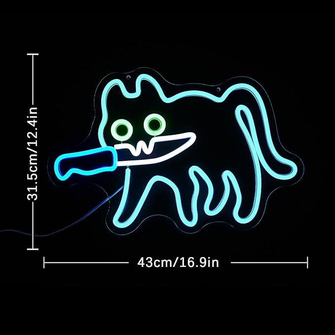 Cat Neon Sign for Wall Decor, Knife Cat Neon Light,Blue Cautiously Cat LED Neon Light for Bedroom Zoo Cat Cafe Cat House Store Home Men Cave Home Bar Decoration(16.9"*12.4")