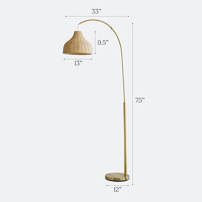 Brightech Lark Arc Lamp for Living Rooms & Offices, Floor Lamp with Unique Hanging Wicker Shade, Standing & Tall for Bedroom Reading, Matches Boho and Other Living Room Decor, Brass