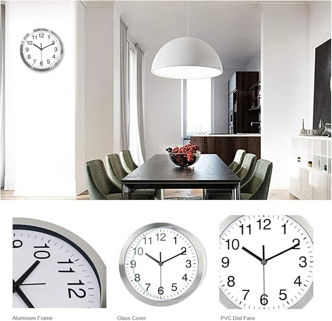Wall Clock Metal Frame Glass Cover Non-Ticking Number Quartz Wall Clock 12inch Modern Quartz Design Decorative Indoor/Kitchen Silver